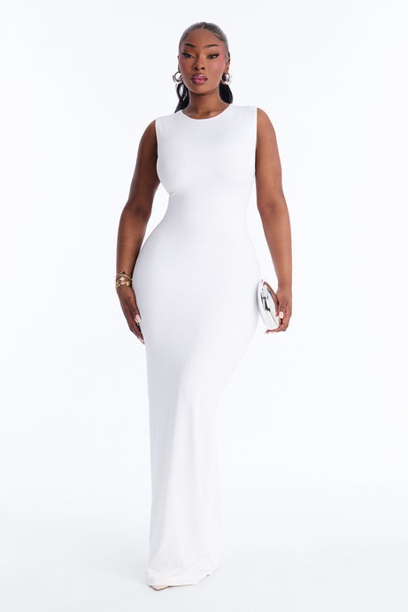 Contour Double Lined Crew Neck Sleeveless Maxi Dress - White