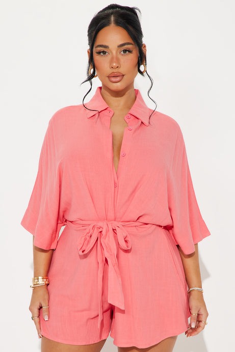 Charlotte Linen Romper - Coral