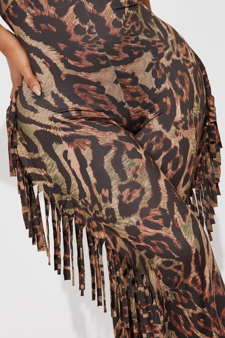 Lush Safari Animal Print Flare Halter Jumpsuit - Brown/combo