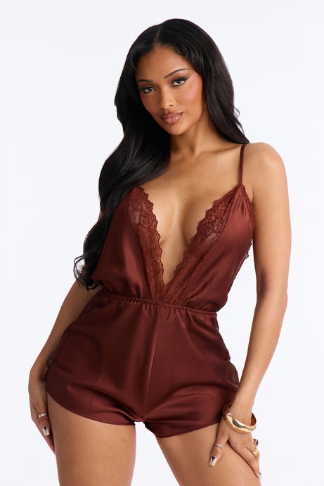 Grace Satin Backless Micro Romper - Chocolate