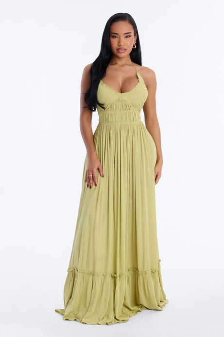 Pretty In Paradise Backless Maxi Dress - Lime