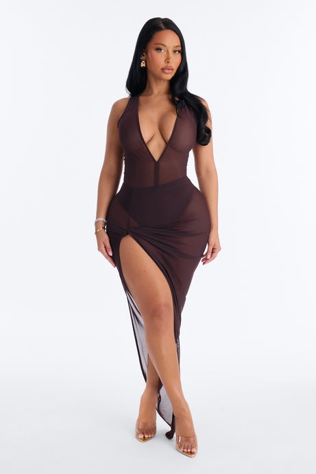 Power Mesh Deep V Neck Sleeveless Bodysuit - Chocolate
