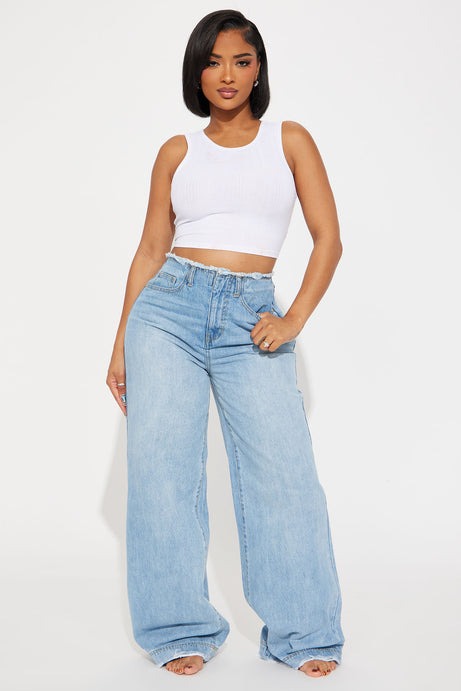 In Your Dreams Cut Off Waistband Baggy Jean - Medium Wash