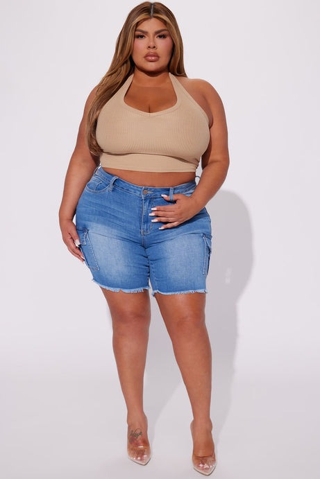 What Goes Around Stretch Cargo Denim Shorts - Medium Wash