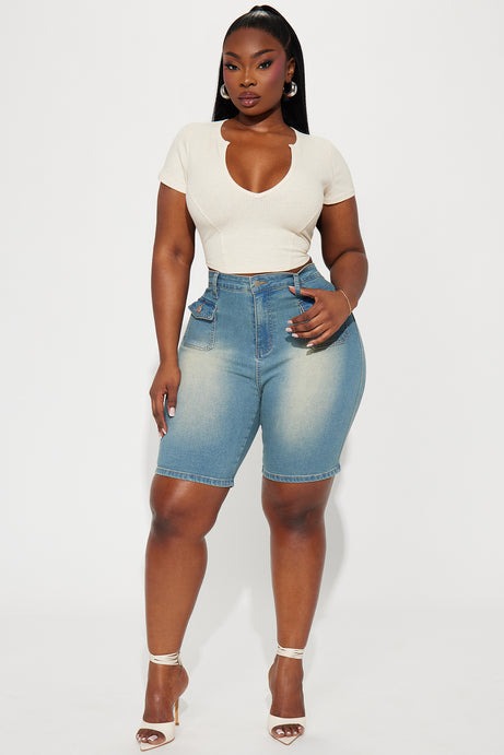 Shocker Tinted Stretch Denim Bermuda Shorts - Medium Wash