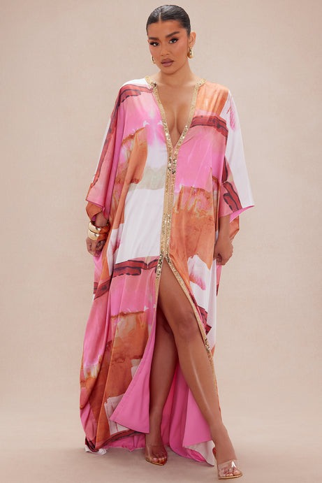 Sabina Satin Kaftan Dress - Pink/combo