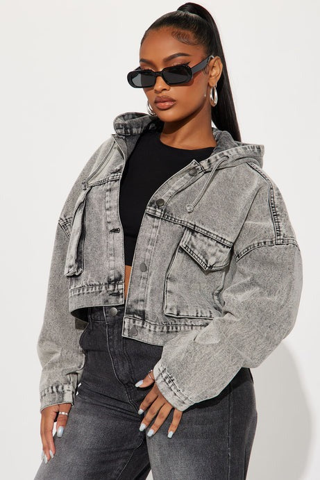 No Explanation Hooded Denim Jacket - Acid Wash Grey