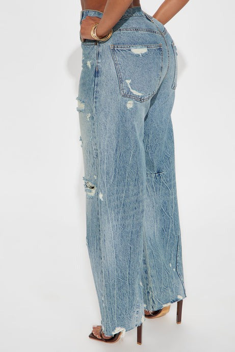 Bexy Destructed Barrel Wide Leg Jeans - Medium Wash