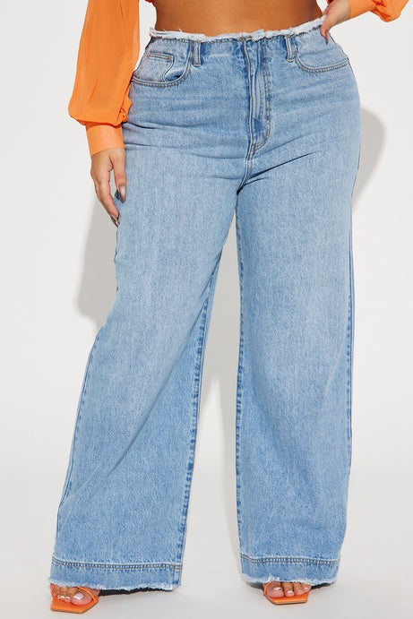 In Your Dreams Cut Off Waistband Baggy Jean - Medium Wash