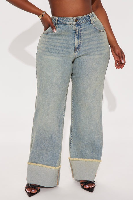 All The While Cuffed Wide Leg Jeans - Vintage Wash