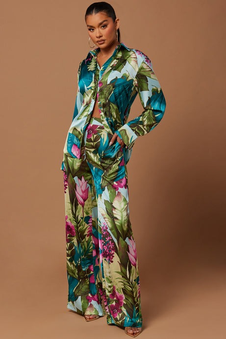 Kyoto Satin Pant Set - Green/combo