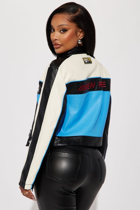 Around The Track Faux Leather Jacket - Blue/combo