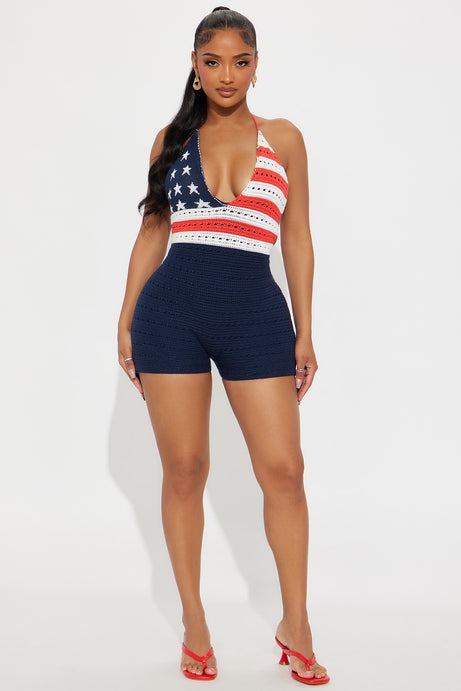 Stars & Stripes Crochet Romper - Navy/combo