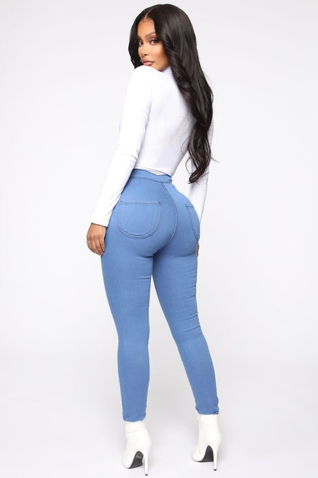 Super High Waist Denim Skinnies - Medium Blue