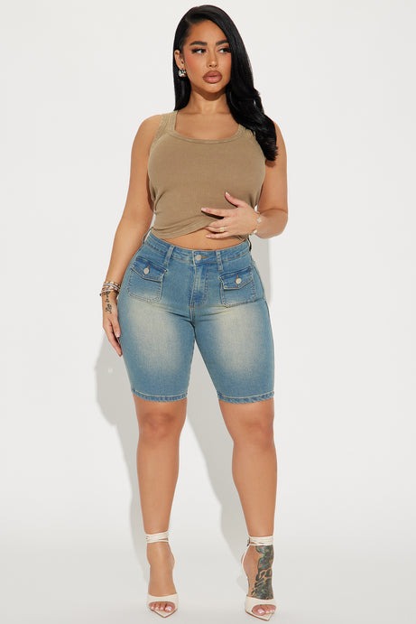 Shocker Tinted Stretch Denim Bermuda Shorts - Medium Wash
