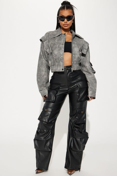 Harper Washed Faux Leather Jacket - Grey