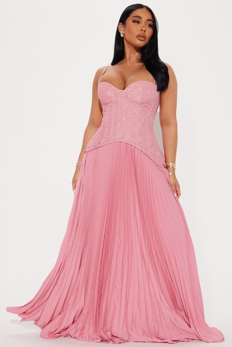 Daniella Lace Corset Pleated Maxi Dress - Pink