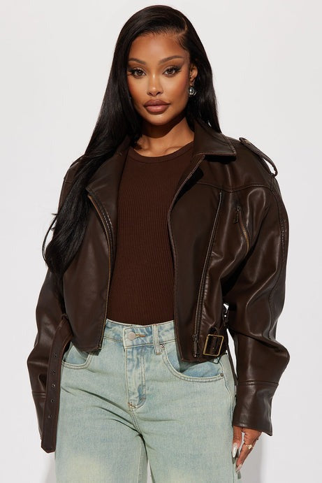 Check The Deets Faux Leather Moto Jacket - Brown