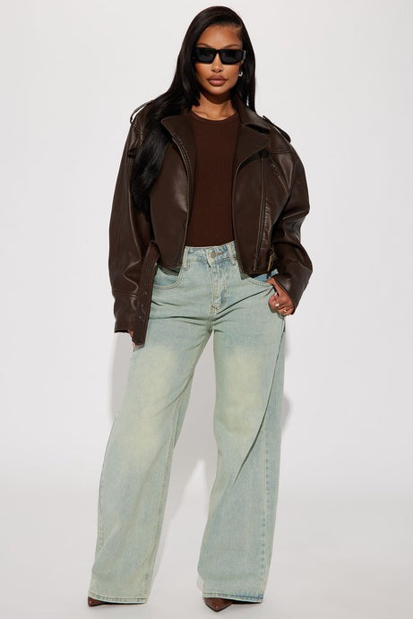 Check The Deets Faux Leather Moto Jacket - Brown