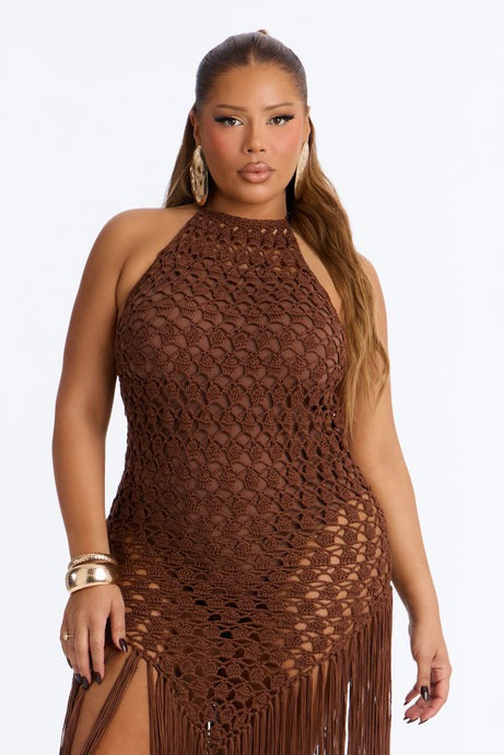 Heatwave Fringe Crochet Maxi Dress - Chocolate