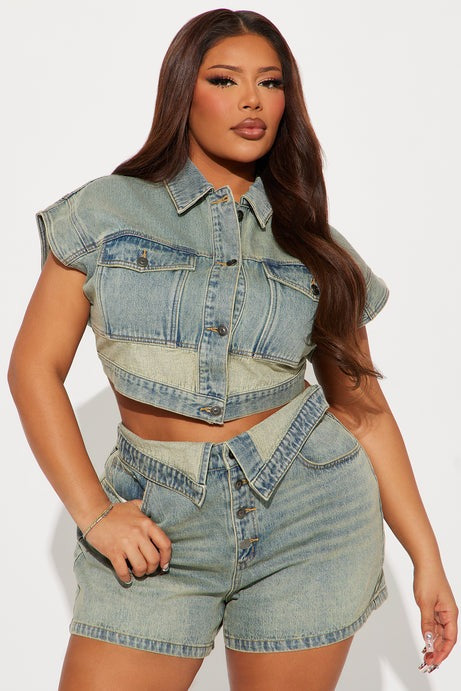 Brenda Washed Denim Short Set - Vintage Wash
