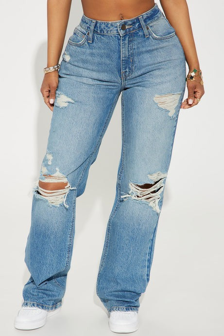 Unbothered Queen Ripped Straight Leg Jeans - Vintage Wash