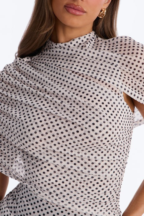 Kendall Mesh Polka Dot Mock Neck Short Sleeve Top - Cream/combo