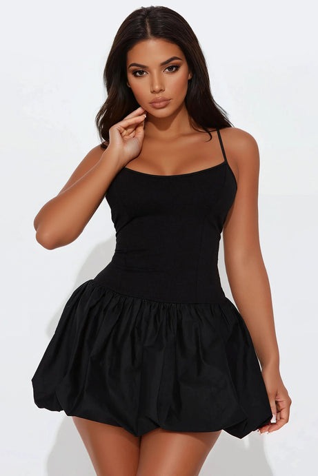 Ballet Core Poplin Bubble Mini Dress - Black