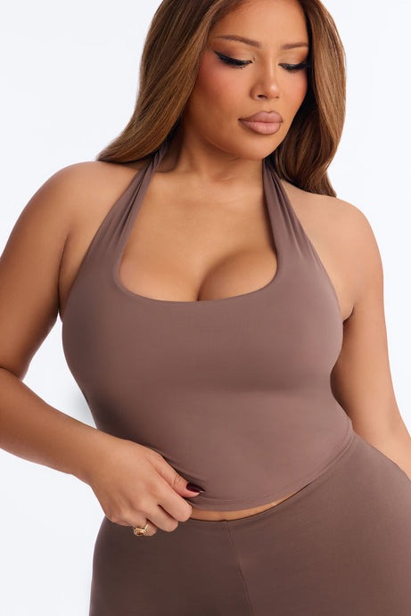 Second Skin Double Lined Twist U Neck Halter Top - Brown