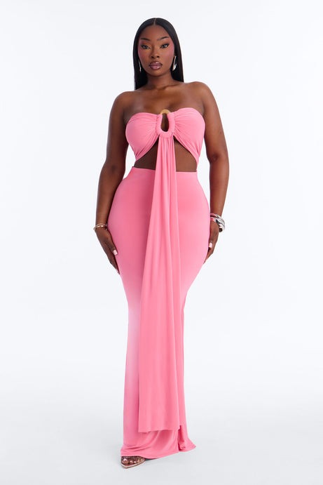 Heating Up Draped Strapless Maxi Dress - Pink