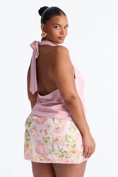 Slightly Chaotic Surplice Neck Satin Halter Top - Pink