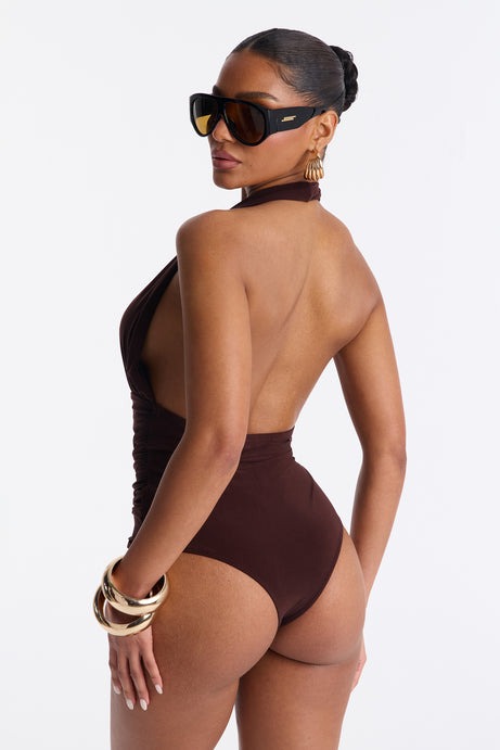 Sultry Nights Halter Ruched Bodysuit - Brown