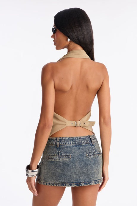 Piper Studded Crepe Knit Cowl Neck Halter Top - Stone