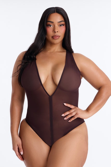 Power Mesh Deep V Neck Sleeveless Bodysuit - Chocolate