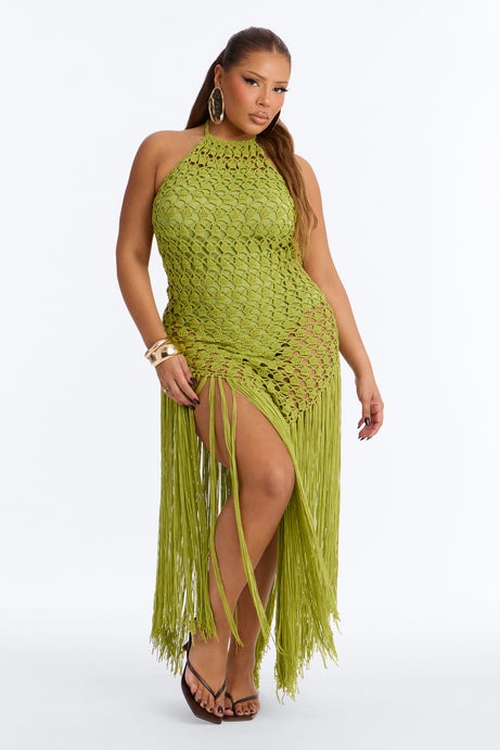 Heatwave Fringe Crochet Maxi Dress - Chartreuse