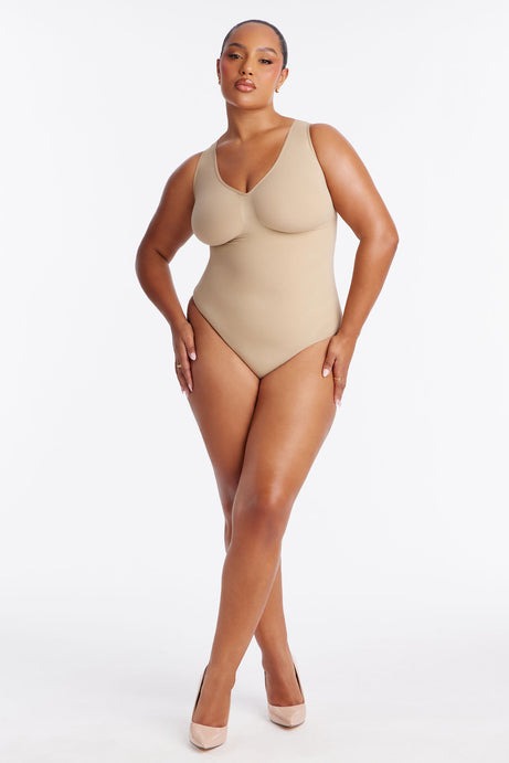 Nova Sculpt Seamless Strong Compression Scoop Neck Thong Bodysuit - Sand