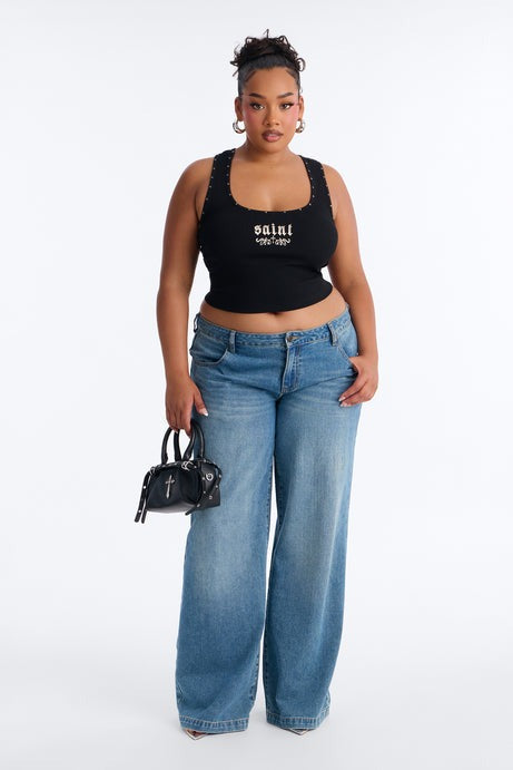 Such A Saint Studded Ribbed Tank Top - Black