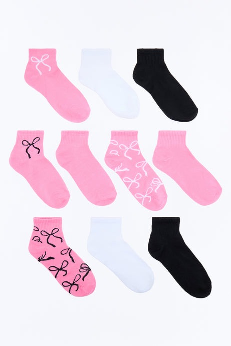 10 Pack Bow Quarter Length Socks - Pink/combo