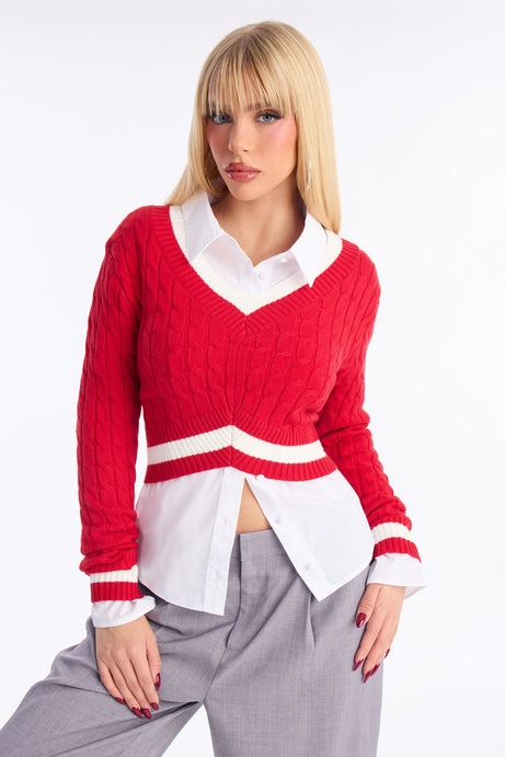 Not The Same Cable Knit Cropped Sweater - Red/combo