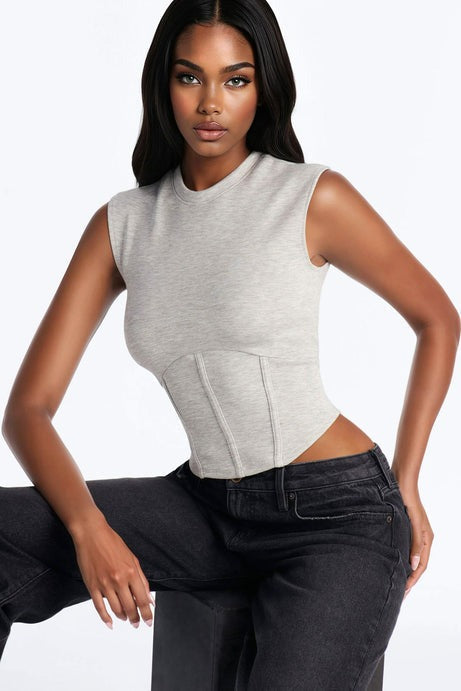 Bold Intent Crew Neck Corset Sleeveless Top - Heather Grey