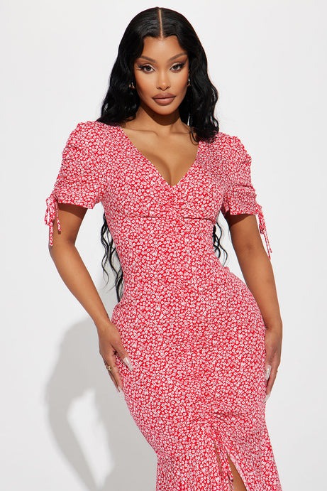 Clarissa Floral Midi Dress - Red/White