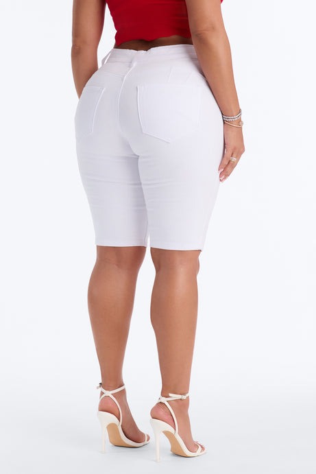 Tulsa Booty Lifting High Rise Stretch Denim Bermuda Shorts - White