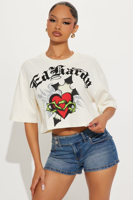 Ed Hardy Cross Heart Cropped Tee - Ivory