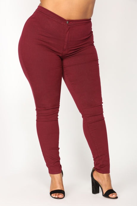 Super High Waist Denim Skinnies - Burgundy