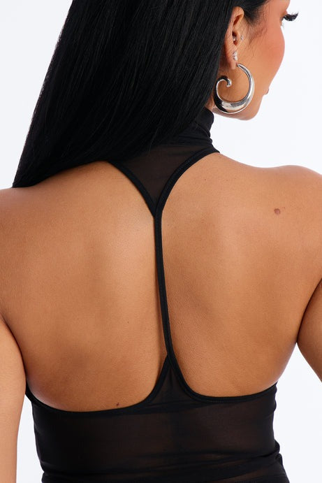 Power Mesh High Neck Thin Racerback Sleeveless Top - Black