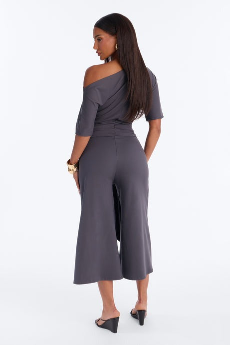 Amelie Tie Front Gaucho Pant Set - Charcoal