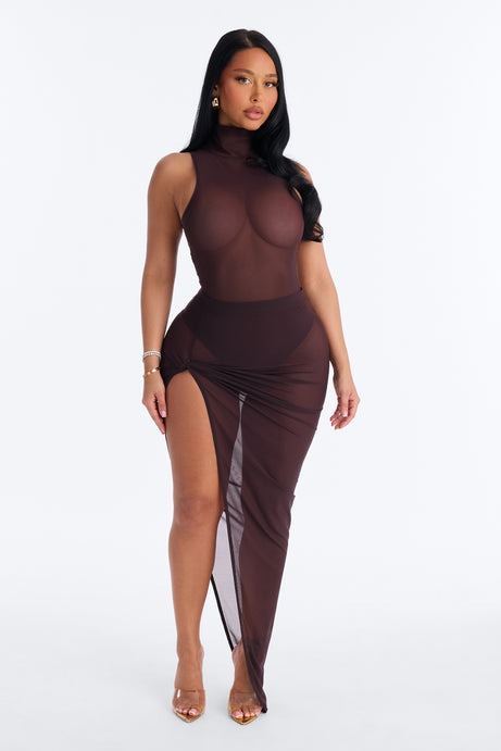 Power Mesh Turtle Neck Sleeveless Bodysuit - Chocolate
