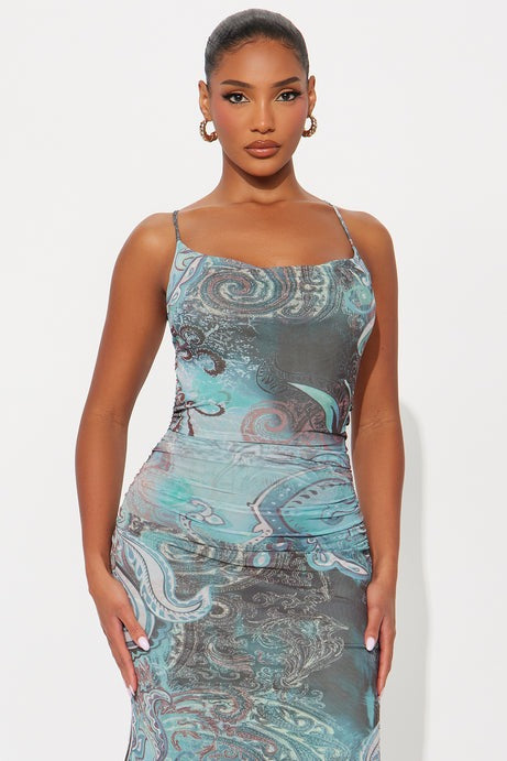 Parker Paisley Mesh Midi Dress - Blue/combo