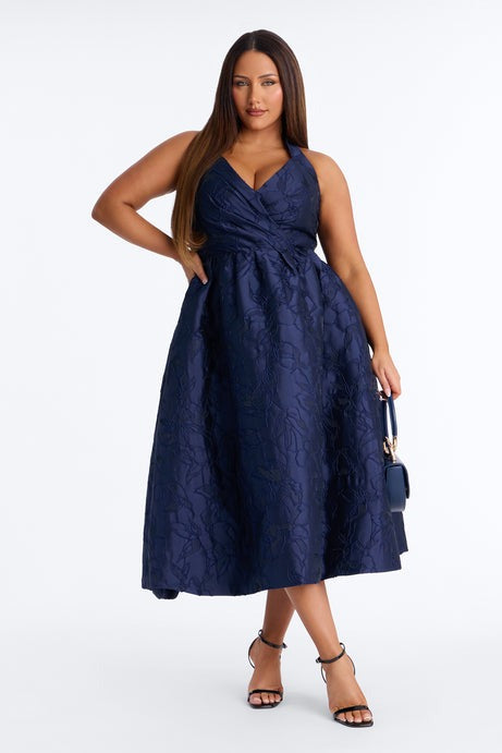 Keep You Enchanted Jacquard Halter Midi Dress - Navy
