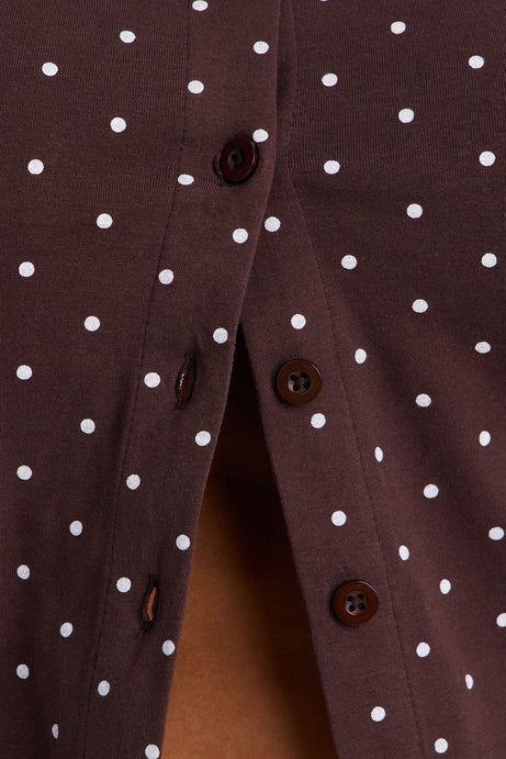 Madeline Polka Dot Button Up Knit Top - Brown/combo